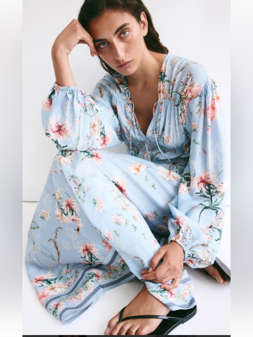 H&M Light Blue Floral Maxi Dress with Peach and Cream Blooms
